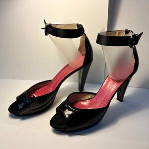 KATE SPADE *VINTAGE* Sz11 Black Patent Platform Open Toe Satin Ankle Strap Pumps